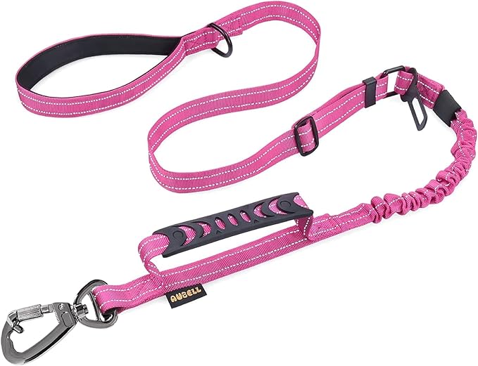 AUBELL Tactical Dog Leash Heavy Duty,4-6ft Reflective Strong No Pull Bungee Leash for Medium Large Dogs with Comfortable Padded Double Handle,Car Seat Belt,360 Degree Rotating Carabiner,Pink
