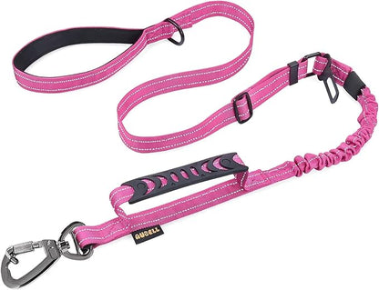 AUBELL Tactical Dog Leash Heavy Duty,4-6ft Reflective Strong No Pull Bungee Leash for Medium Large Dogs with Comfortable Padded Double Handle,Car Seat Belt,360 Degree Rotating Carabiner,Pink