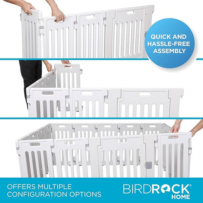 BIRDROCK HOME Dog Playpen w/Door, 16 Panel, 25.6in H | Strong Plastic, Non-Slip Puppy Playpen, Secure Pet Gate | Indoor Outdoor Fence | Configurable Panels | Medium to Large Pets - White