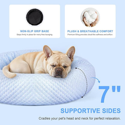 Donut Dog Bed for Small & Medium Dogs - Cooling Pet Bed with Non-Slip Bottom, Summer Comfort Dog Beds for Puppies, Washable & Portable Egg Tart Shape (M)