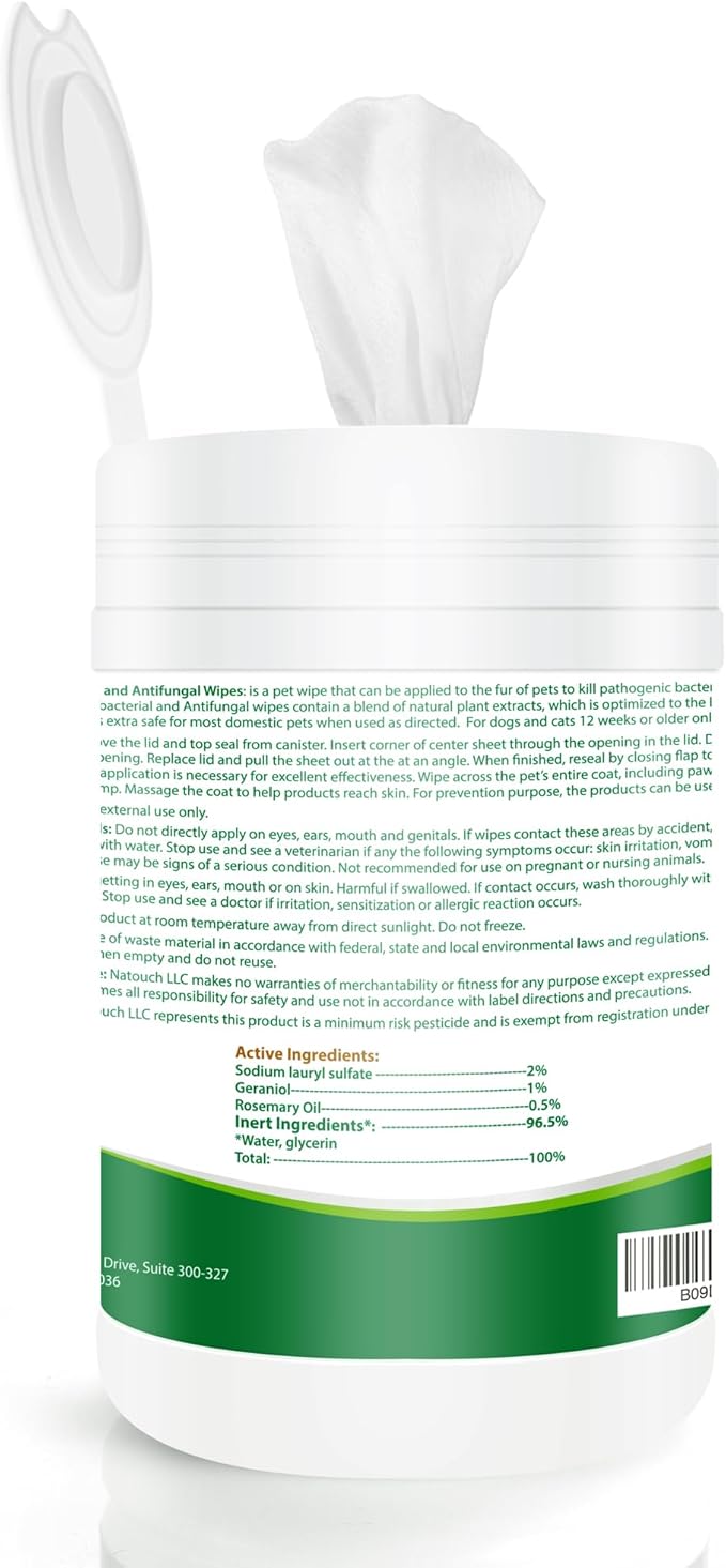 Natouch Antifungal and Antibacterial Wipes for Dogs & Cats, Dog Yeast Infection Treatment Wipes, All Natural Grooming Wipes for Cleaning, Help with Hot Spots, Ringworm, and Skin Infections, 160 Count