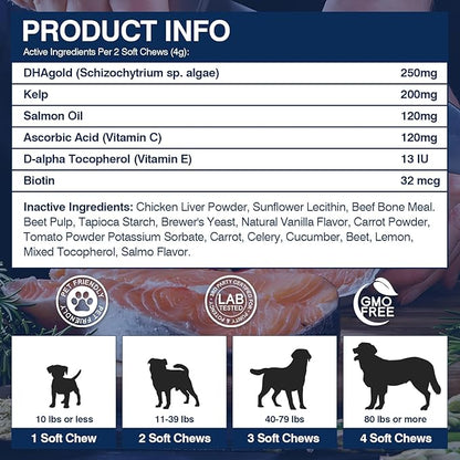 Omega 3 Skin and Coat Supplement for Dogs 200 Chews Dog Fish Oil Supplements with EPA & DHA Fatty Acids Dry Skin Relief for Dogs Shedding Allergy Itching Promotes Heart Hip Joint Health Chicken Flavor