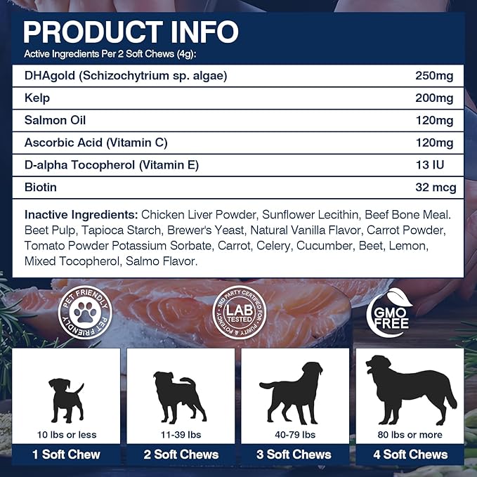 Omega 3 Skin and Coat Supplement for Dogs 200 Chews Dog Fish Oil Supplements with EPA & DHA Fatty Acids Dry Skin Relief for Dogs Shedding Allergy Itching Promotes Heart Hip Joint Health Bacon Flavor