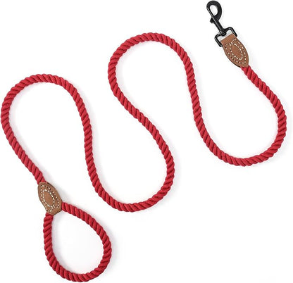 Mile High Life Dog Leash, Braided Cotton Rope Leashes with Leather Tip - Heavy Duty Metal Clasp, 4FT, 1/2" Thick - Wedding, Walking & Training Leash for Small Medium Large Dogs (Red)