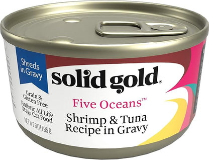 Solid Gold Wet Cat Food Shreds in Gravy - Healthy Canned Cat Food Made w/Real Tuna, Shrimp, Vitamins, Minerals & Taurine - Grain Free & Gluten Free Canned Meals for Cats & Kittens - 24ct/3oz Can