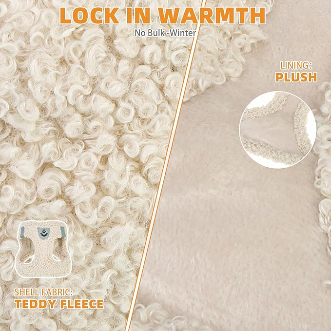 KOOLTAIL Plush Small Dog Harness and Leash Set, Warm Fleece No Pull Puppy Vest for Winter, Lightweight Reflective Step in Pet Harness for Medium Sized Dogs Boy Girl Outdoor Walking Cute Soft, Beige M