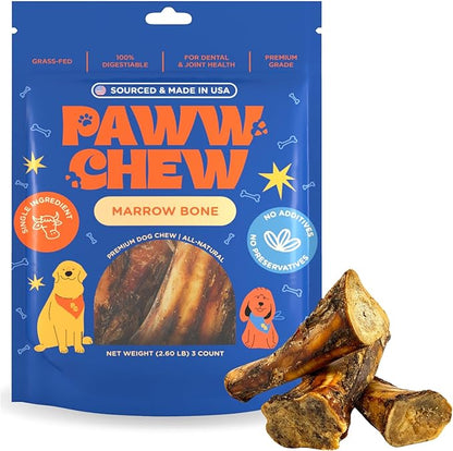 PAWW CHEW 100% Natural Dog Bones, Single Ingredient 7-8 inc (3 Pack) Made in USA, Extra Large, Grass-Fed Beef Marrow Filled Dog Bones for Aggressive Chewers, Real Meaty Marrow Bone for Large Dogs