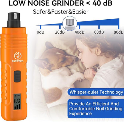 PAPIFFEED Dog Nail Grinder – Quiet Electric Nail Trimmer with Dual LED Light, Safe for Black & Thick Nails, Rechargeable for Small Medium Large Dogs & Cats (Orange)