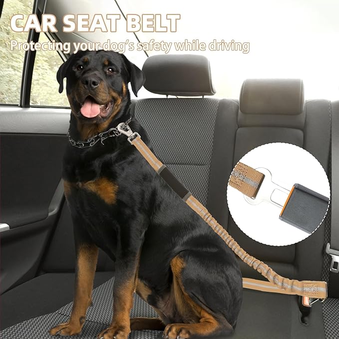 PUPTECK Heavy Duty Bungee Dog Leash for Medium Large Dogs, No Pull Tactical Dog Leashes with Double Handles for Training, Reflective Dog Leash with Car Seatbelt and Quick Release Buckle, Moccasin