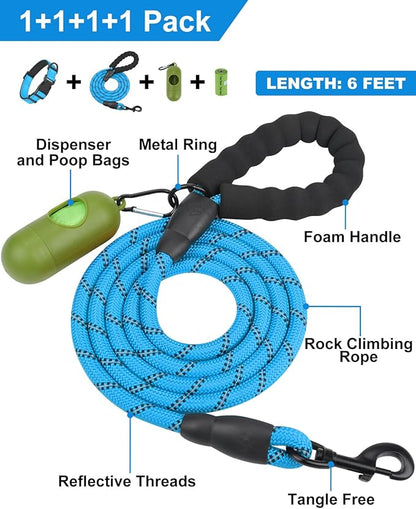 Dynmeow Reflective Dog Collar and Leash Set, 6FT Strong Climbing Rope Leash with Padded Handle, Adjustable Pet Collar with Soft Neoprene Padding for Medium Large Dogs, Blue, M