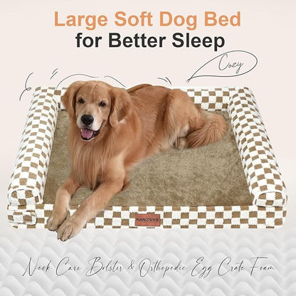 Large Dog Bed Orthopedic Washable: Beds Bolster XXL Bed Big XLarge Dogs Egg Crate Foam Sofa Couch Waterproof Removable Cover - Brown Grid