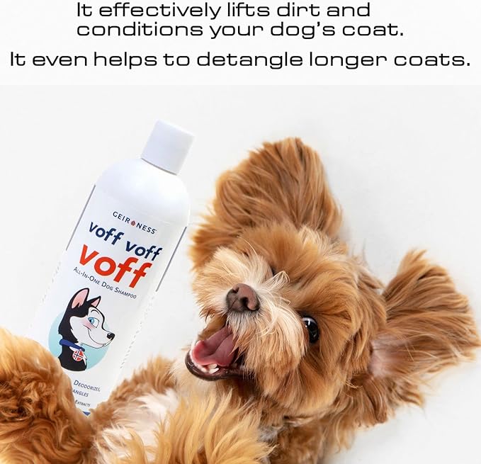 Voff Voff Voff All-in-One Dog Shampoo by Geir Ness – Natural Oatmeal & Aloe Formula with Coconut & Date Palm Extract – Cleans, Conditions, Moisturizes, Deodorizes & Detangles – 16 fl oz