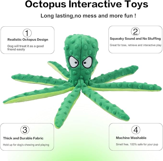 CPYOSN Dog Squeaky Toys Octopus - No Stuffing Crinkle Plush Toys for Puppy Teething, Durable Interactive Chew Toys for Small, Medium and Large Dogs Training and Reduce Boredom, 2 Pack