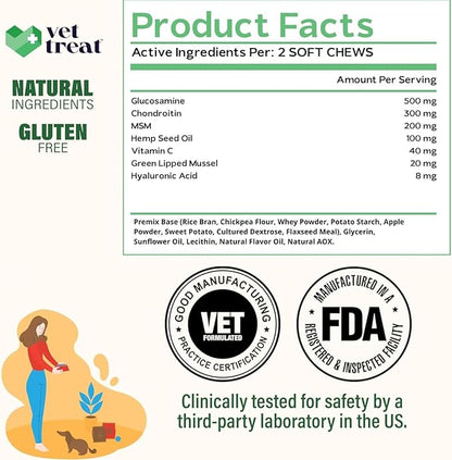 Glucosamine for Dogs – Hip & Joint Supplement with Chondroitin, MSM, Turmeric, Hemp Oil & Green Lipped Mussel – Arthritis Pain Relief, Mobility Support – Vet-Formulated, USA Made – 120 Chews
