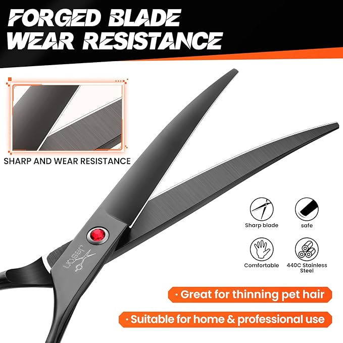 JASON 7.5" Dog Grooming Scissor - Professional Down-curved Shear with Ergonomic Handle Japanese Stainless Steel Hair Scissor for Dogs, Cats and Other Pets, Sharp (Down-curved, Black) Christmas Gift