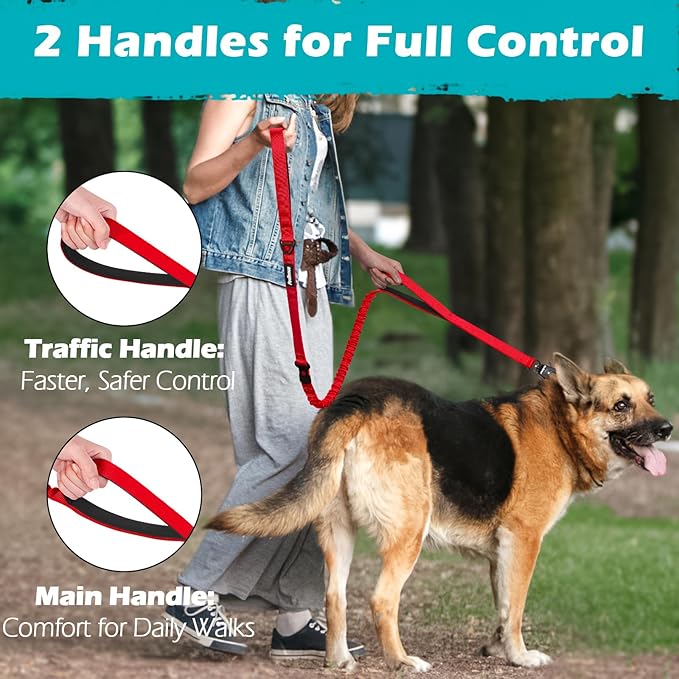 PetBonus Heavy Duty Tactical Dog Leash, 5 FT Bungee Shock Absorption Leash with 2 Padded Handles, Quick Release Metal Clip, Car Seatbelt, No Pull Training Lead for Large Medium Dogs（Red）