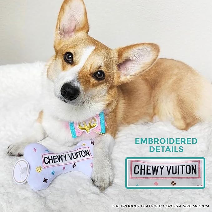Haute Diggity Dog Medium Chewy Vuiton Bones Plush Dog Toys for Small, Medium & Large Dogs, 4-Pack Durable Stuffed Designer-Inspired Pet Toys with Interactive Squeaker, Machine-Washable & Safe