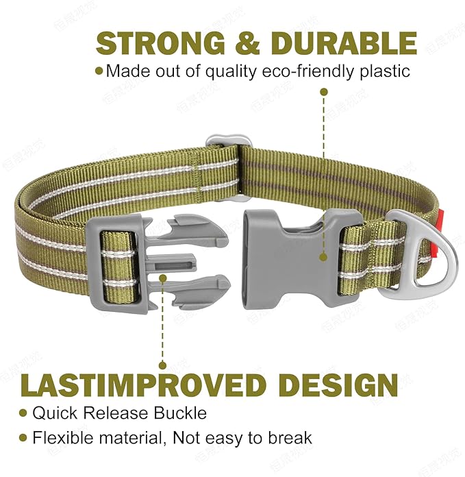 Tacwild Adjustable Reflective Dog Collar, Puppy Collar with D-Ring Buckle - Durable Safety Nylon Dog Collars for Large Dogs (Green-L)