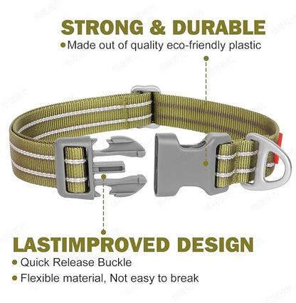 Tacwild Adjustable Reflective Dog Collar, Puppy Collar with D-Ring Buckle - Durable Safety Nylon Dog Collars for Medium Dogs (Green-M)