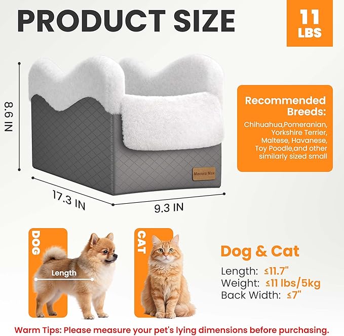 Mavora Max Portable Small Dog Seat for Car, Luxury Center Console Dog Car Seat Booster with Safety Tethers, Anti-Collapse Pet Travel Carseat for SUV, Truck (Dark Grey/White)