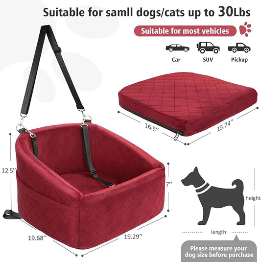 NEEZUKAR Dog Car Seat for Small Medium Dogs,Detachable Washable Dog Booster Seat Under 30lbs, Pet Car Seats Travel Bed with Storage Pockets and Safety Belt(Red)
