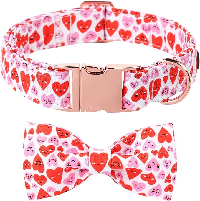 Lionet Paws Valentine's Dog Collar, Cute Pink Heart Dog Collar for Medium Dogs, Adjustable Cotton Love Pet Collars for Small Medium Dogs