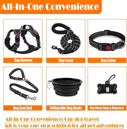 LOBEVE No Pull Dog Harness, Collar & Leash Set | Includes Dog Seat Belt, Collapsible Bowls & Poop Bag Dispenser. Ideal for Training, Walking, Hiking. Fits Small to Large Dogs(Black-M)
