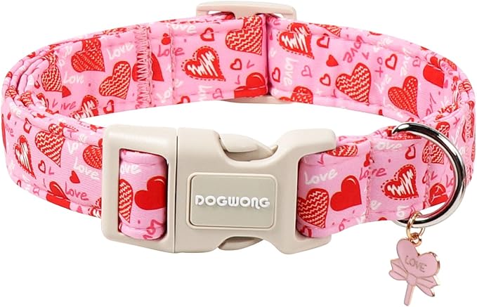 DOGWONG Valentine's Dog Collar - Pink Heart Adjustable Cotton Heart Dog Collar - Cute Dog Collars Perfect for Medium, Large Dogs