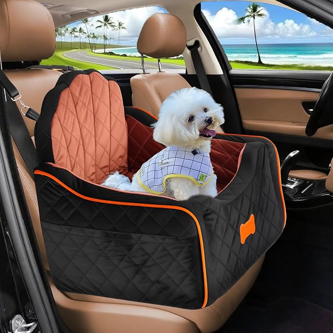 koneboss Dog Car Seat for Small Dogs Under 30lbs, Detachable Washable Pet Booster Seat with Safety Belt & Storage Pockets, Travel Car Bed, Black/Brown