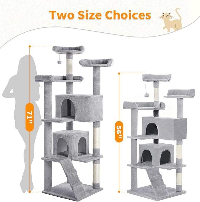 Made4Pets Cat Tree Tower 70in Cat Tower for Indoor Cats Kitten Tree Multi-Level Cat Tree with 2 Condo Furniture Activity Center with Scratching Posts Funny Toys Kittens Pet Play House, Light Grey