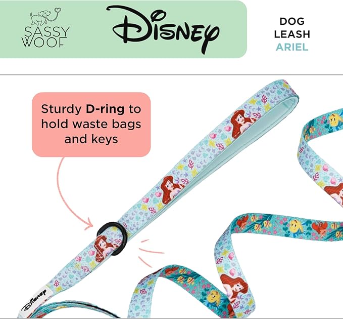 Sassy Woof Disney Princess Little Mermaid Ariel Dog Leash 60-Inch with Neoprene Padded Handle - Comfortable, Durable, and Stylish for Small to Large Dogs - Officially Licensed