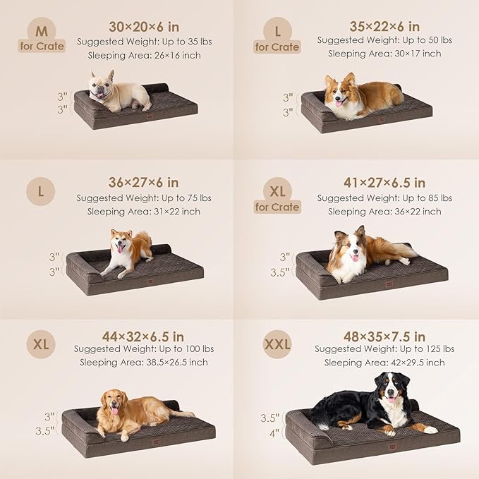 EHEYCIGA Orthopedic Dog Bed Medium Size Dogs, Memory Foam Dog Bed with Washable Removable Cover, Waterproof Pet Sofa Couch for Crate with Nonskid Bottom, 30x20x6,Brown