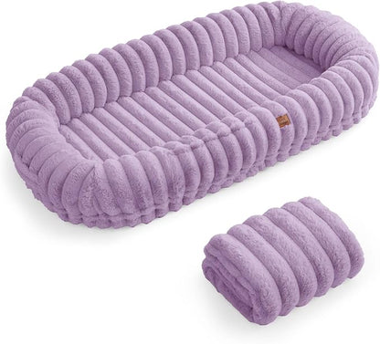 ChiXnuggle Human Dog Bed for Adult - Luxury Striped Faux Fur Giant Dog Bed with Portable Handle, Egg Orthopedic Foam Pad with Thick Blanket, 72"x40"x10", Purple