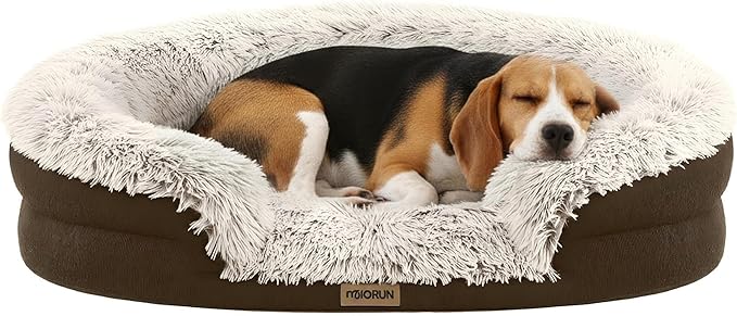 Miorun Fluffy Orthopedic Dog Bed for Small & Medium Dogs, Calming Plush Sofa Bed with Curved Bolster Support and Egg-Crate Foam Base, 35" Cozy Oval Pet Donut Bed with Washable Cover, Coffee