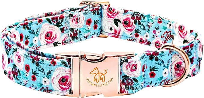 Elegant little tail Dog Collar, Pink Floral Print Pet Collar Summer Dog Collar Pet Collar Dog Cotton Durable Dog Collar Metal Buckle Collar for Small Dogs, Blue Flower
