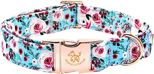 Elegant little tail Dog Collar, Pink Floral Print Pet Collar Summer Dog Collar Pet Collar Dog Cotton Durable Dog Collar Metal Buckle Collar for Small Dogs, Blue Flower