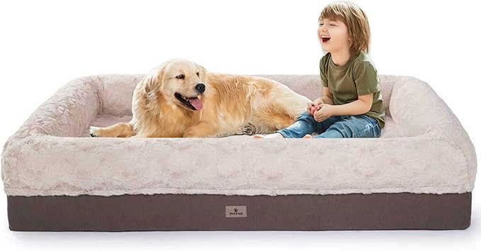 PetFun Memory Foam XL Dog Bed for XLarge Sized, Extra Large Orthopedic Dog Sofa with Sides and Waterproof Liner, Washable Bolster Pet Bed Couch with Removable Cover, 60x43x13 Inch, Khaki