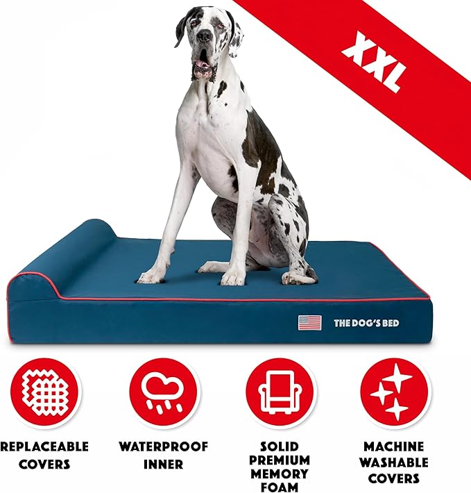 The Dog’s Bed Orthopedic Headrest Dog Bed XXL Blue Oxford with Red Trim US Flag, Memory Foam, Hip & Elbow Dysplasia, Post Surgery, Lameness, Waterproof Washable Cover, Veterinary Approved