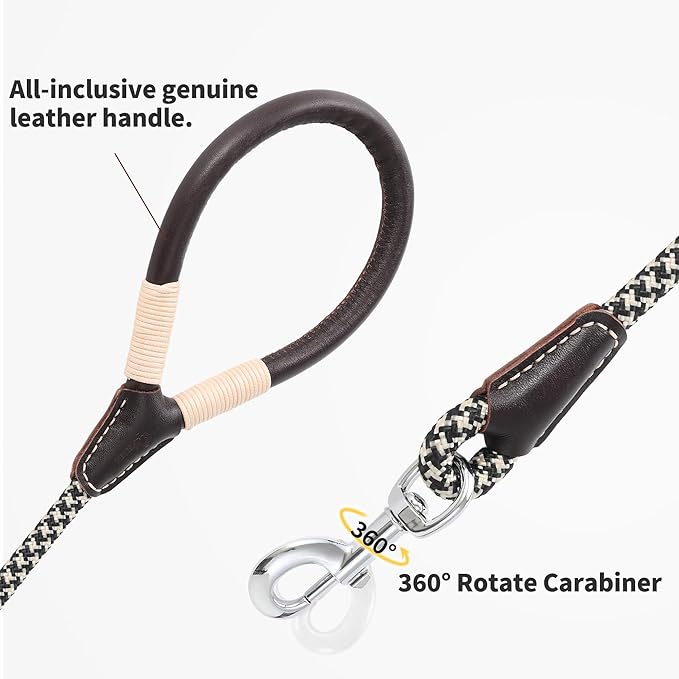 Mile High Life Genuine Leather Wrapped Handle Dog Leash, w Heavy Duty Clasp Rope Leash for Small Medium Large Dogs (Black Khaki, 4FT)
