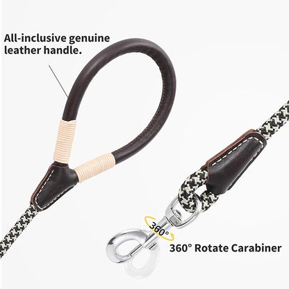 Mile High Life Genuine Leather Wrapped Handle Dog Leash, w Heavy Duty Clasp Rope Leash for Small Medium Large Dogs (Black Khaki, 4FT)