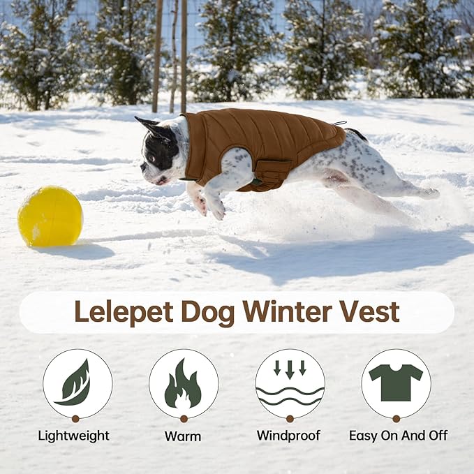 Lelepet Reversible Dog Coat Waterproof Dog Jacket Windproof Puffer Vest for Winter Warm Lightweight Coats for Large Dogs Adjustbale Hook & Loop Pet Apparel with Leash Hole, Pitbull, Brown, XL