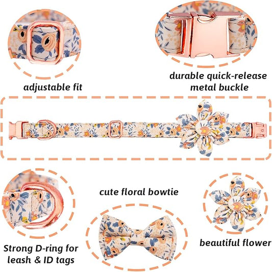 Dog Collar and Leash Set Girls Adjustable Puppy Collars with Floral Bow Tie for Small Medium Large Female Dogs, Orange Flower, M