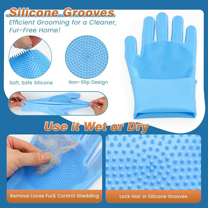 7 Pcs Bathing Kit with Storage Bag for Dogs & Cats Includes Pet Grooming Gloves, Dog Bath Brush & Finger Toothbrush All-in-One Pet Care (Ocean Blue)