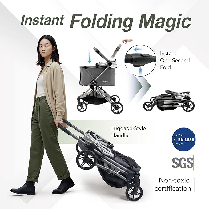 ibiyaya Maxi Deep Carriage Pet Stroller for Cats and Small Dogs – Flat-Free Rubber Wheels, One-Hand Fold, Extra-Tall Cabin (Twin Gray)