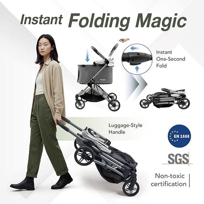 ibiyaya Maxi Deep Carriage Pet Stroller for Cats and Small Dogs – Flat-Free Rubber Wheels, One-Hand Fold, Extra-Tall Cabin (Twin Gray)