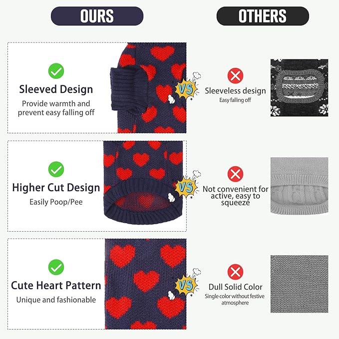 KOOLTAIL Cat Sweater Turtleneck - Soft Knit Sweaters for Small Medium Large Cats & Kittens - Warm & Thick, Red Heart Love Pattern - Navy