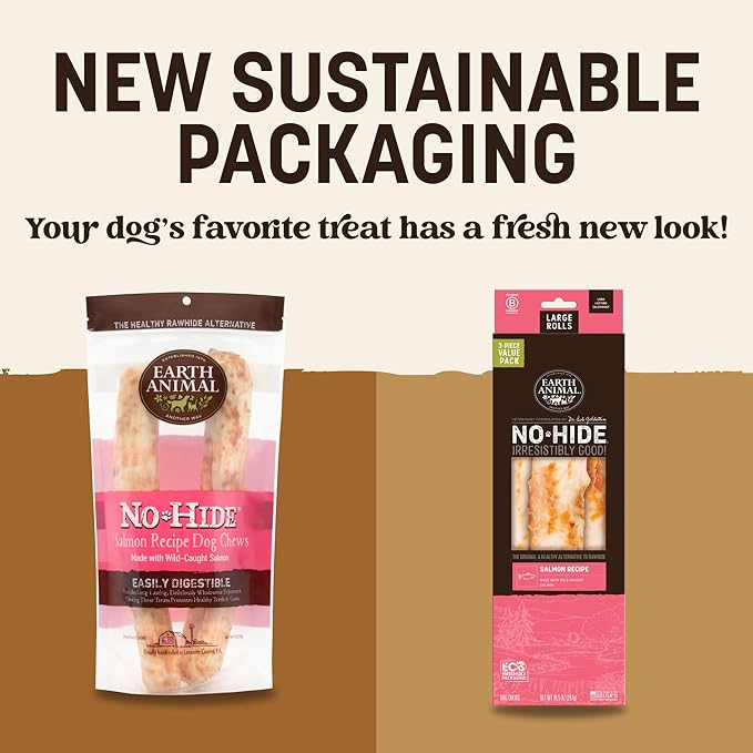 Earth Animal No Hide Chews - Long Lasting Rawhide Free Large Dog Chews Rolls, Salmon - 3 Count Value Pack