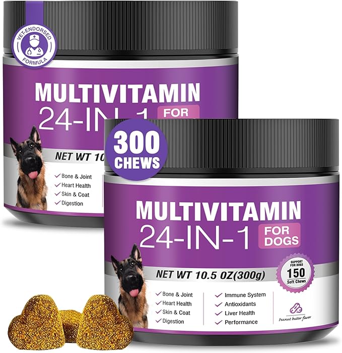 24-in-1 Dog Vitamins and Supplements 300 Ct Dogs Multivitamin Chewable Contain Chondroitin Probiotics Omega-3 Glucosamine for Dogs Skin Coat Heart Joint Gut Liver Brain Immune Support - Peanut Butter