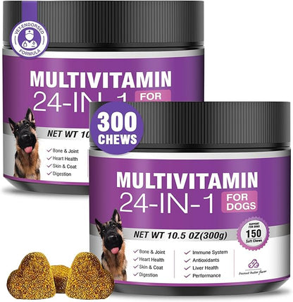 24-in-1 Dog Vitamins and Supplements 300 Ct Dogs Multivitamin Chewable Contain Chondroitin Probiotics Omega-3 Glucosamine for Dogs Skin Coat Heart Joint Gut Liver Brain Immune Support - Peanut Butter