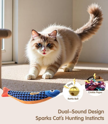 PetBusy Interactive Cat Toys with[5000mg Premium A+Catnip][Baby Grade] Soft Chew Kicker Cat Toys for Indoor Cats & Kittens, Crinkle &Rattle Fish Sound Toy, Drives Bored Cats Crazy with Fun,3 Pack